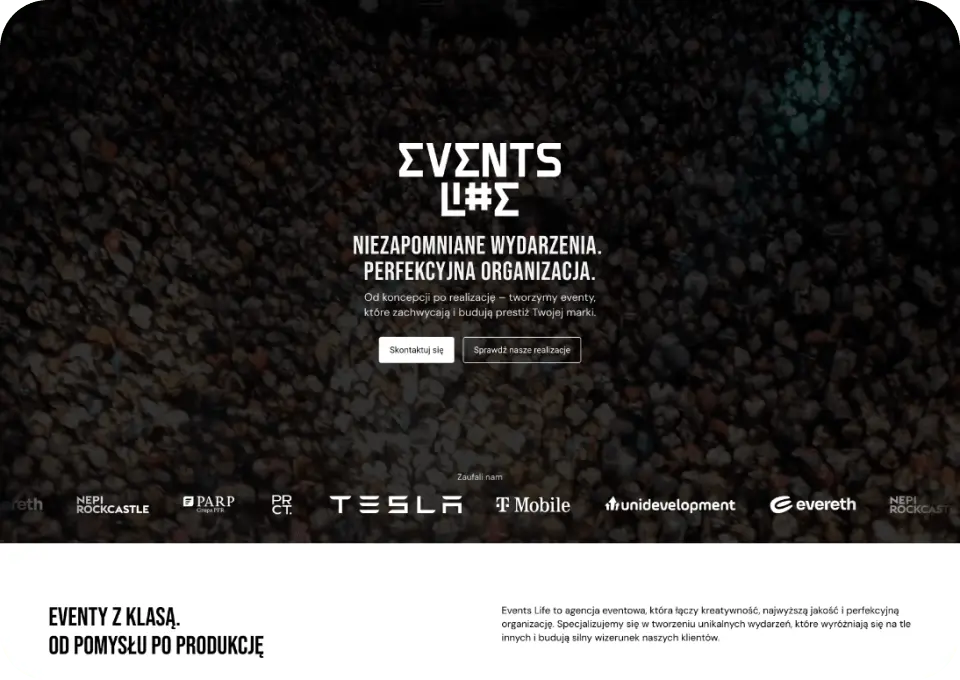 Sekcja Hero strony internetowej Events Life.