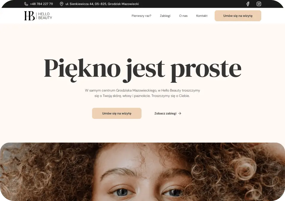 Sekcja Hero strony internetowej Hello Beauty.