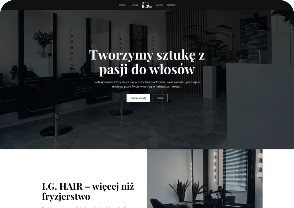 Sekcja Hero strony internetowej IG Hair.