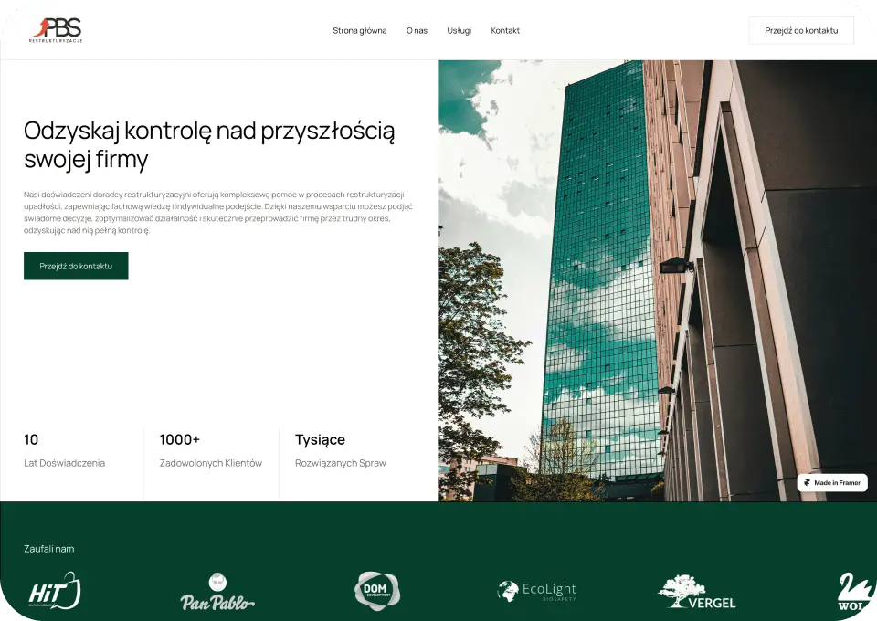 Sekcja Hero strony internetowej PBS Restrukturyzacje.