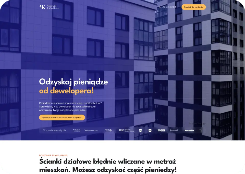 Sekcja Hero strony internetowej Odzyskaj za metry.