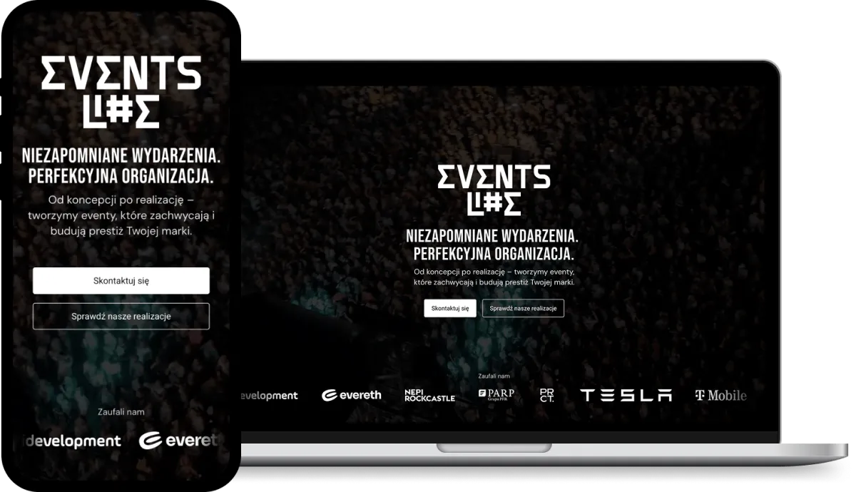 Wizualizacja strony internetowej Events Life na ekranie laptopa i smartfona.