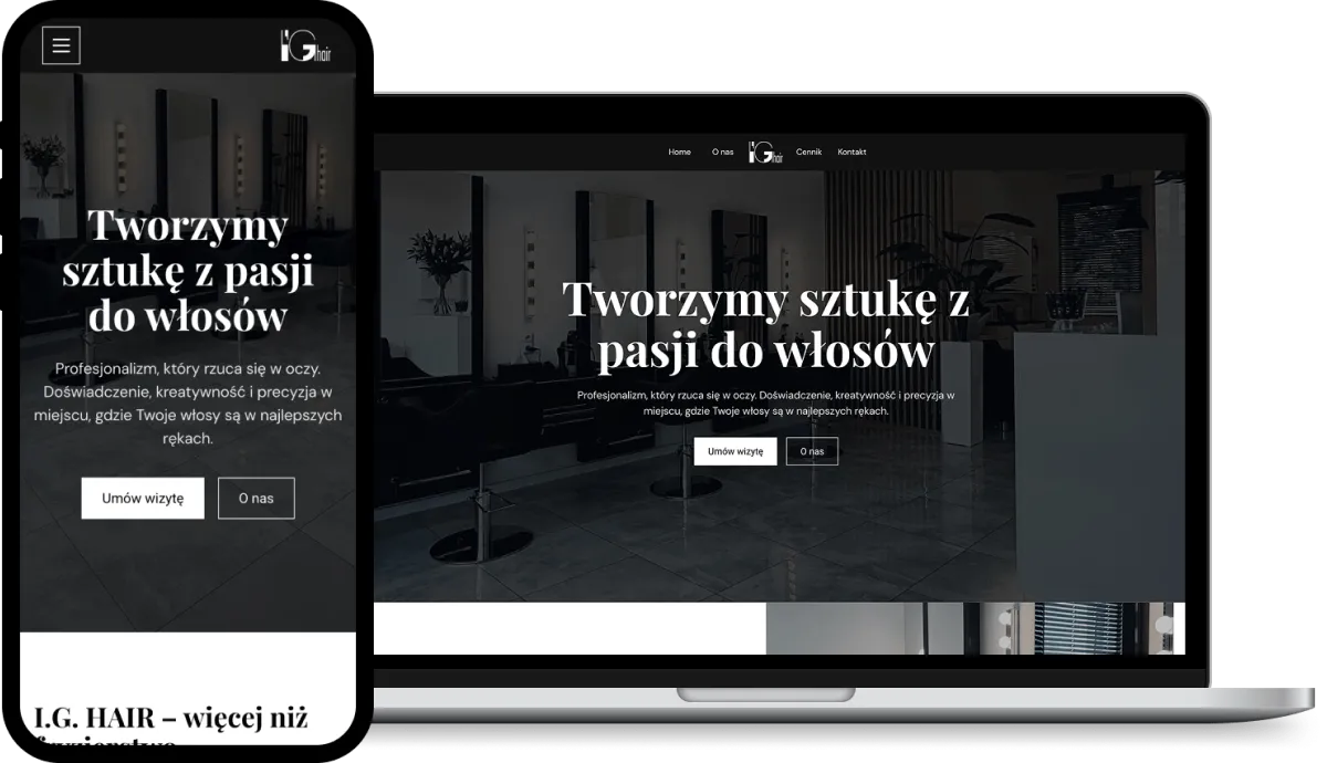 Wizualizacja strony internetowej IG Hair na ekranie laptopa i smartfona.