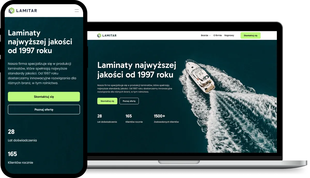 Wizualizacja strony internetowej Lamitar na ekranie laptopa i smartfona.