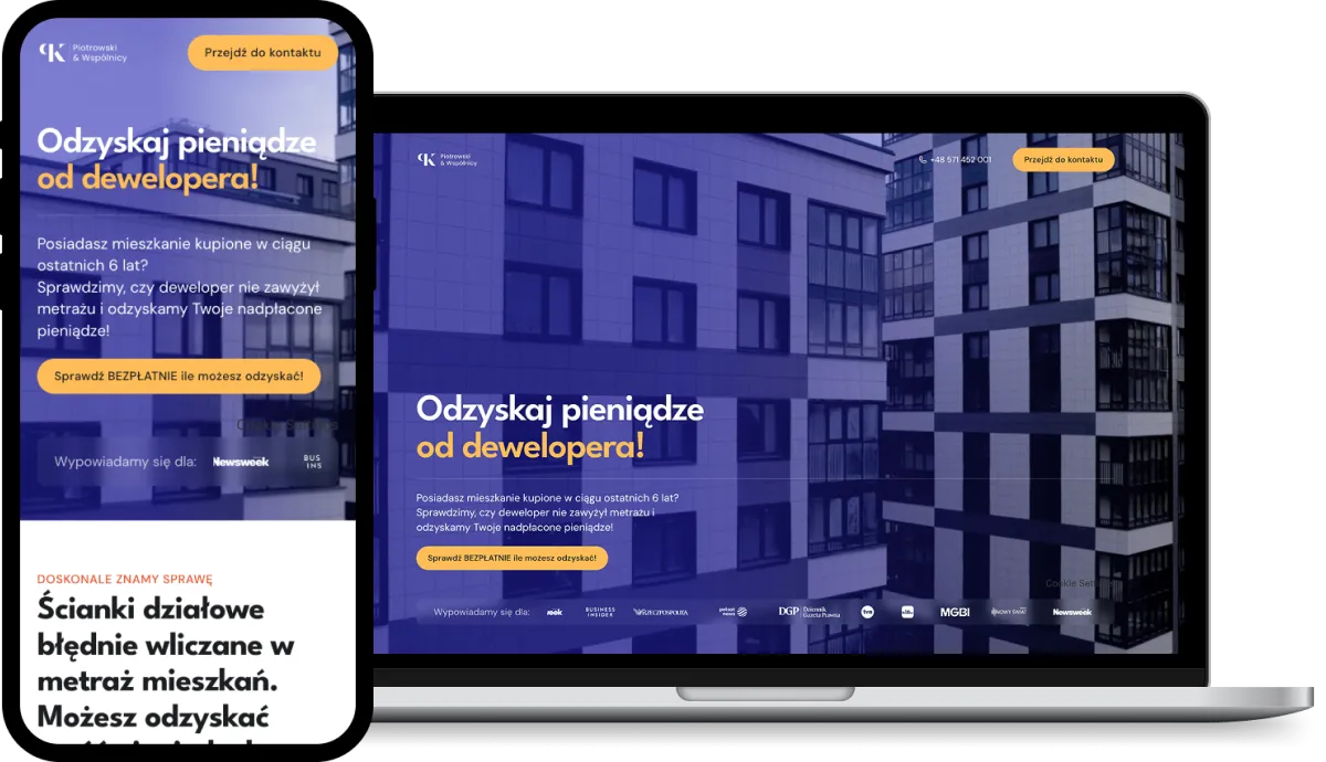 Wizualizacja strony internetowej Odzyskaj za metry na ekranie laptopa i smartfona.