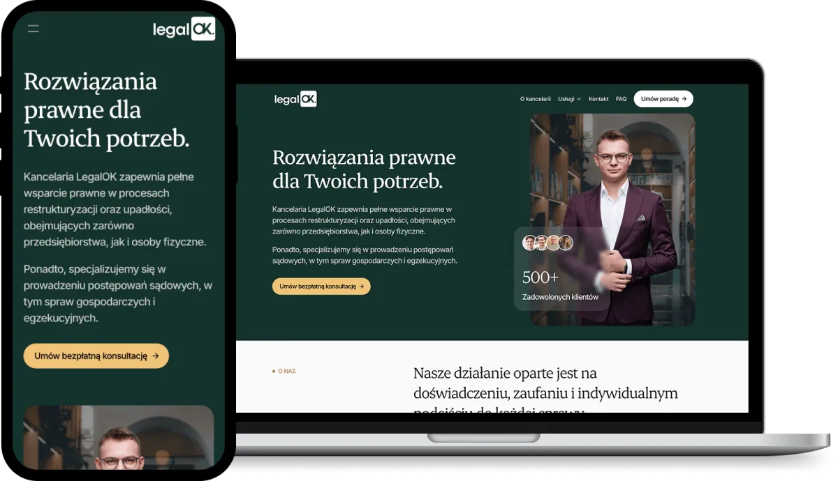 Wizualizacja strony internetowej Legal OK na ekranie laptopa i smartfona.