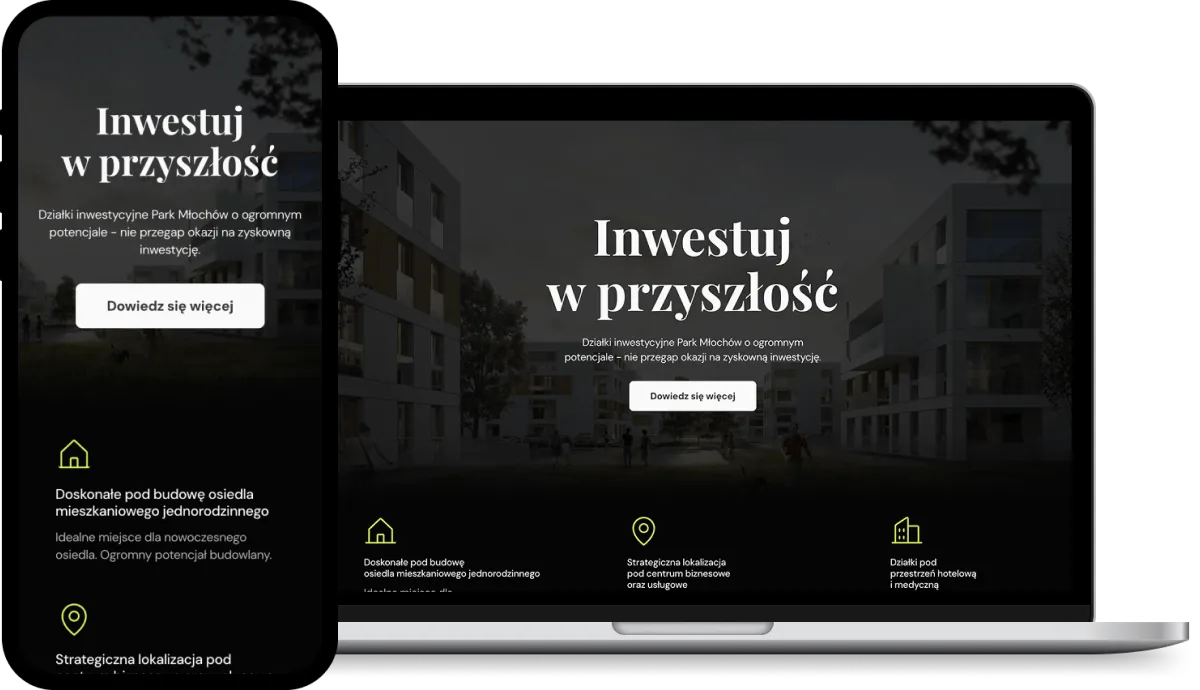 Wizualizacja strony internetowej Park Młochów na ekranie laptopa i smartfona.