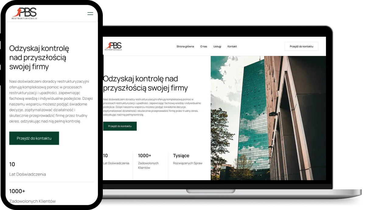 Wizualizacja strony internetowej PBS Kancelaria na ekranie laptopa i smartfona.